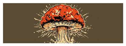 Yoga mat with centered explosive mushroom graphic, orange cap and cream gills on brown