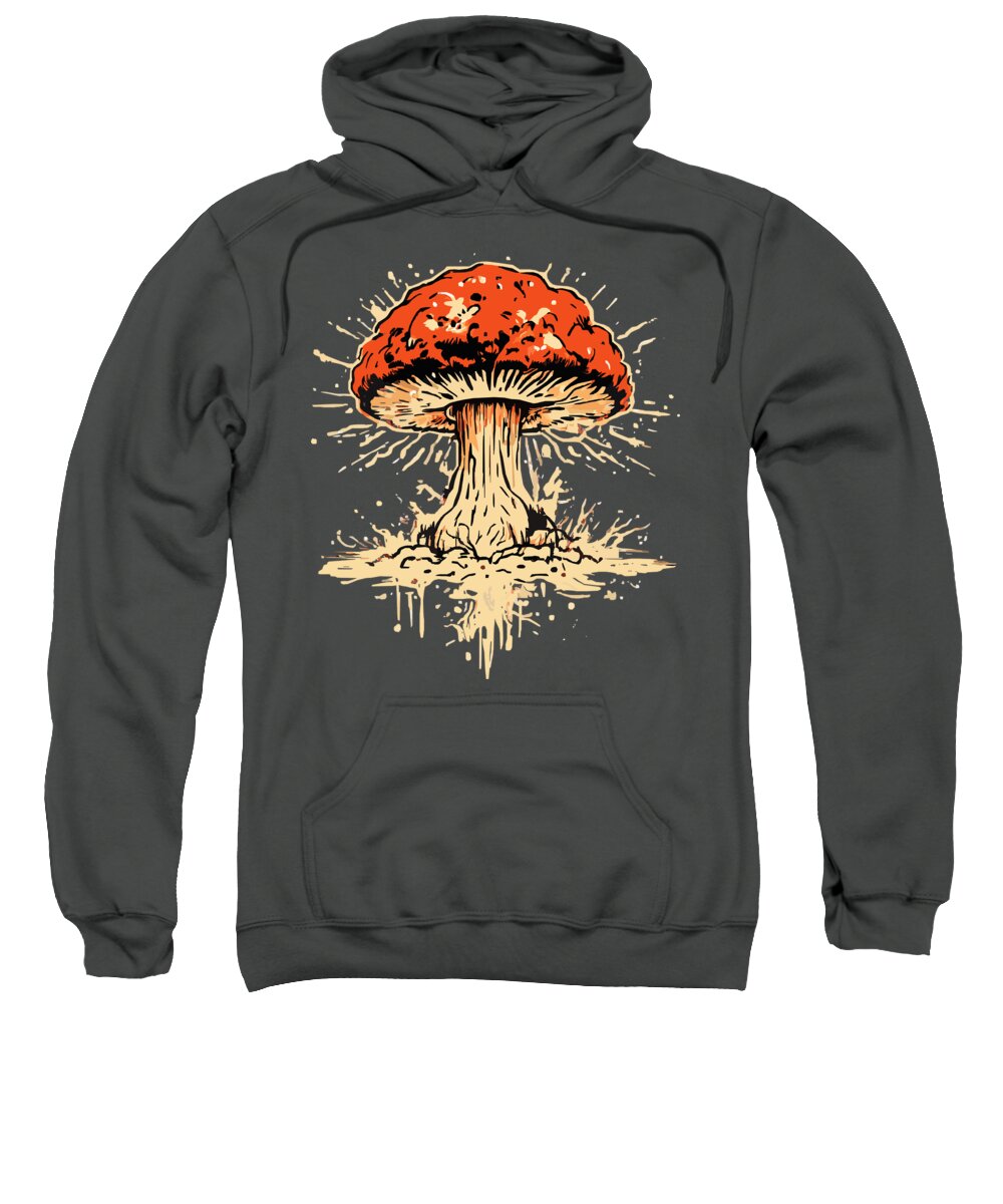 Charcoal hoodie sweatshirt with orange exploding mushroom graphic on front pocket