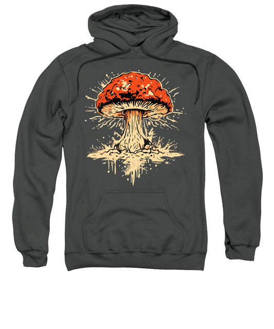 Charcoal hoodie sweatshirt with orange exploding mushroom graphic on front pocket
