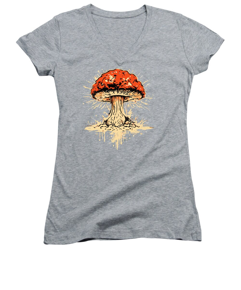 Heather gray women's V-neck T-shirt with colorful exploding mushroom graphic