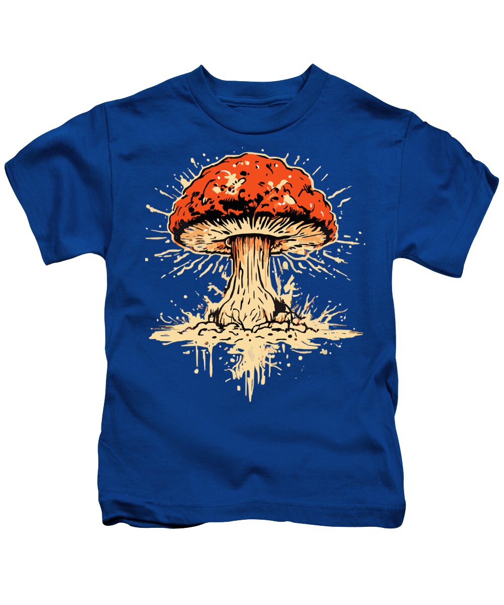 Kids T-shirt in blue with orange mushroom graphic and splash accents, crew neck