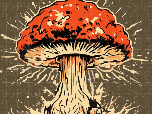Explosive mushroom puzzle artwork: orange cap with dark spots and cream gills, blast splash lines.