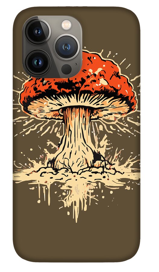 Brown phone case with orange-and-white mushroom graphic and triple camera cluster