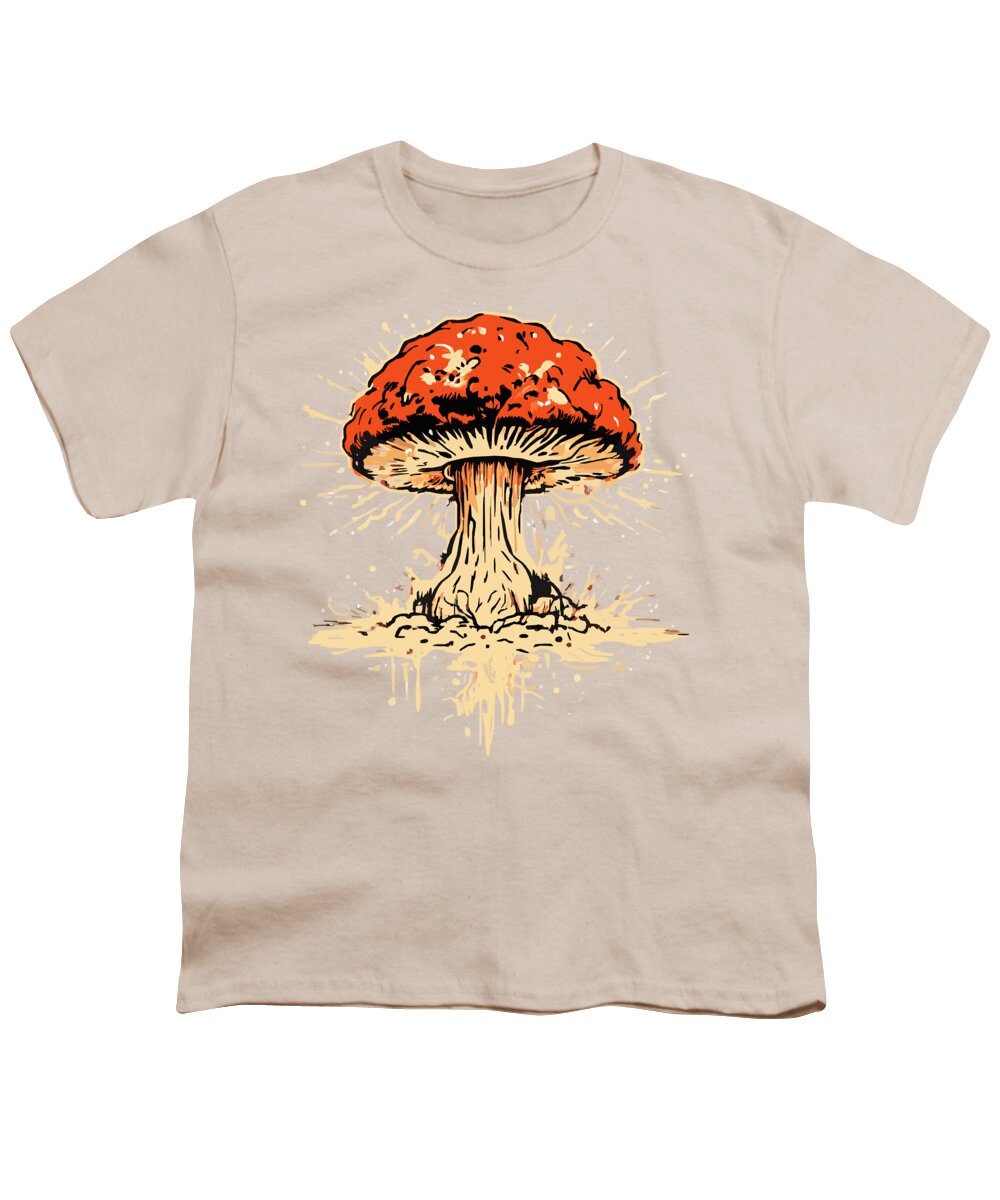 Cream youth T-shirt with explosive mushroom graphic in orange and beige.