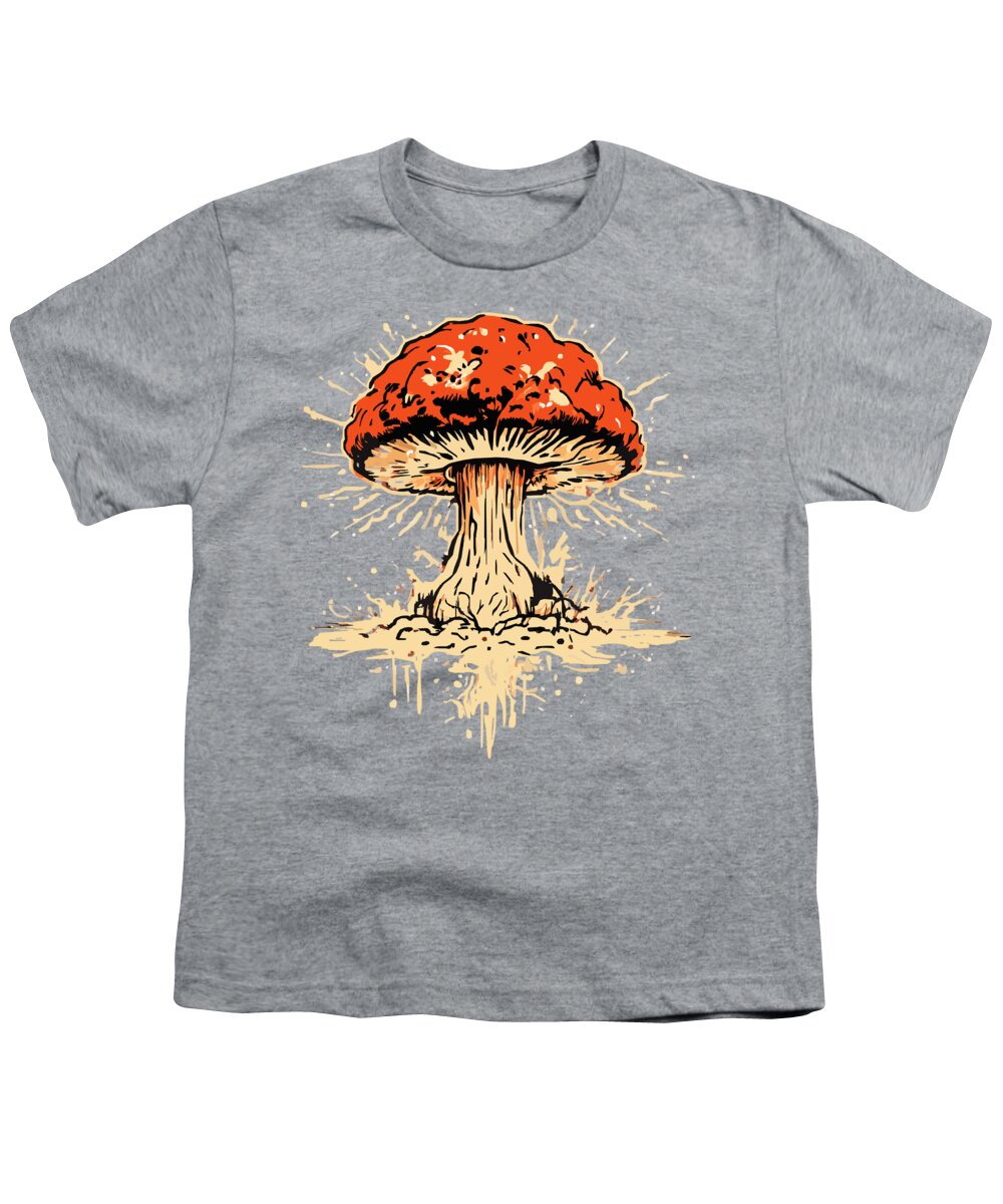 Heather gray youth T-shirt with explosive mushroom graphic in orange and beige.