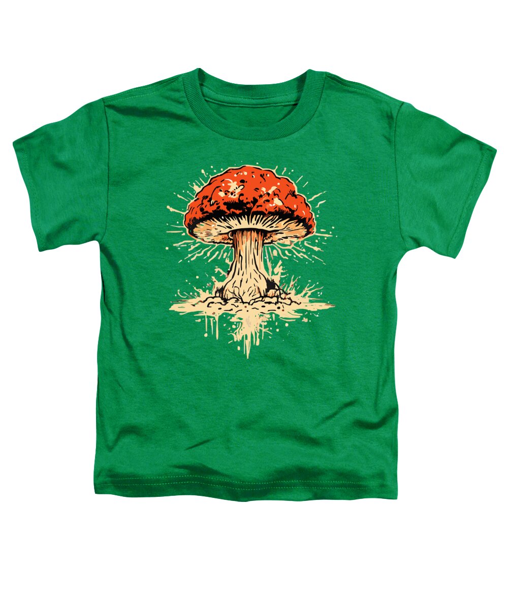 Kelly green toddler T-shirt with orange mushroom graphic on front