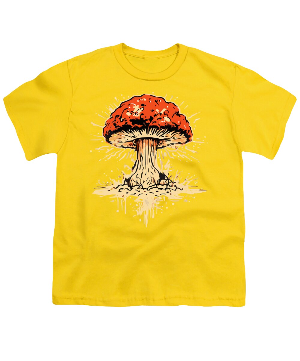 Yellow youth T-shirt with exploding mushroom graphic print on front