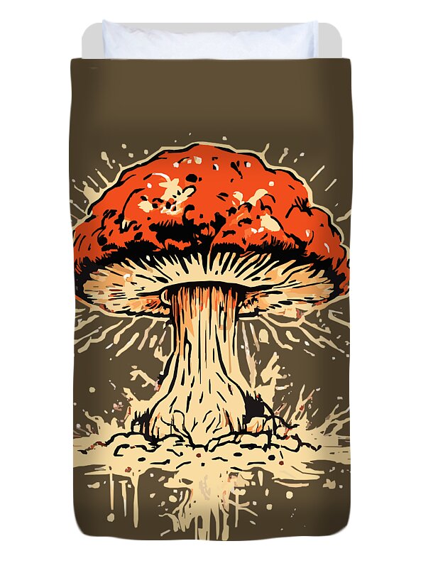 Brown duvet cover showing an orange-red mushroom cap with beige rays and ink drip
