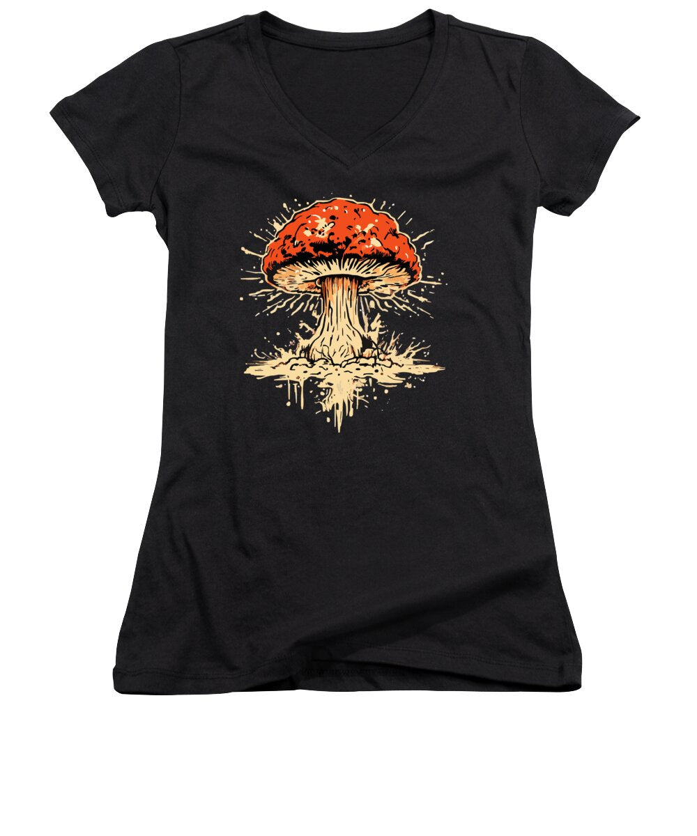 Black women's V-neck T-shirt with colorful exploding mushroom graphic