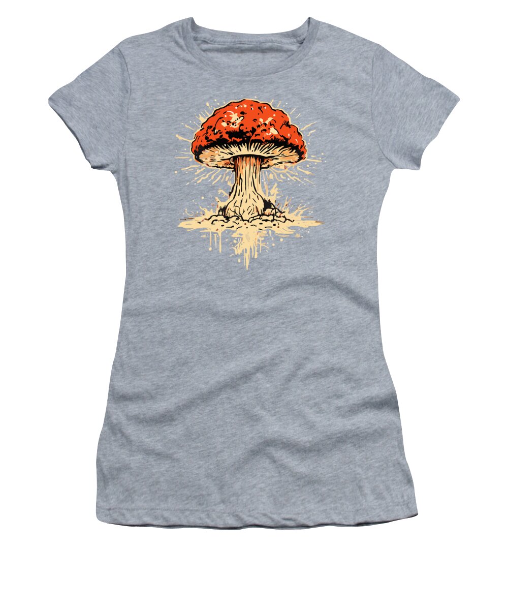 Heather gray women's T-shirt with orange mushroom graphic on front