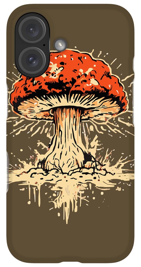 Phone case with orange mushroom graphic and dual-lens camera cutouts on brown