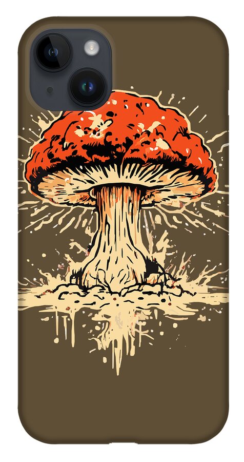 Brown phone case with orange mushroom artwork and multiple camera lens openings