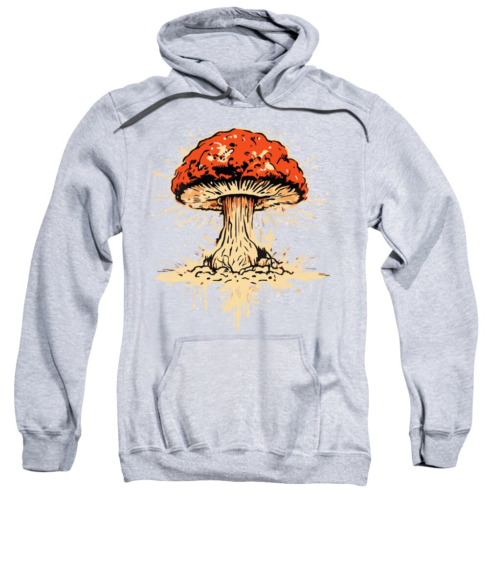 Light gray hoodie sweatshirt with orange exploding mushroom graphic and front pocket