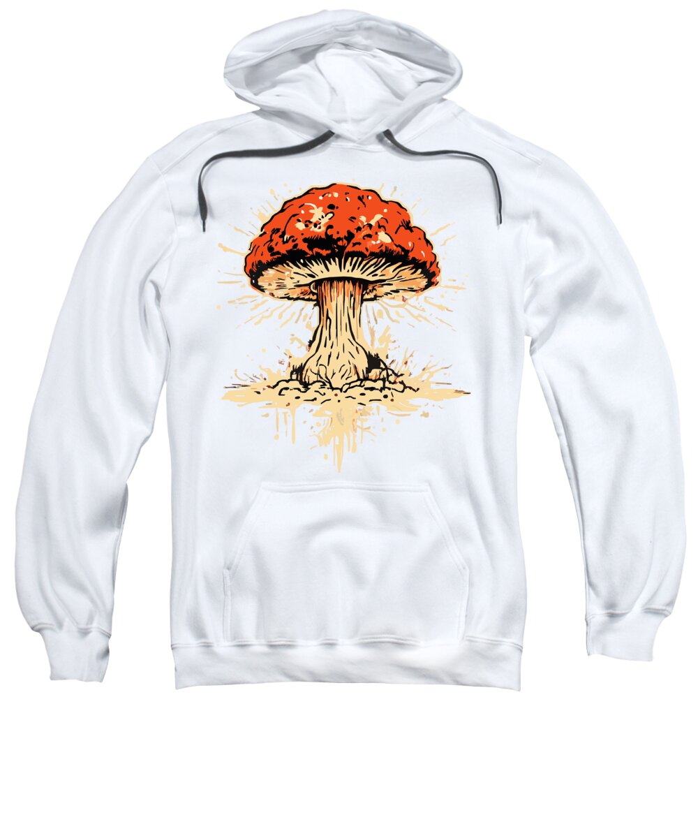 White hoodie sweatshirt with orange exploding mushroom graphic and front pocket