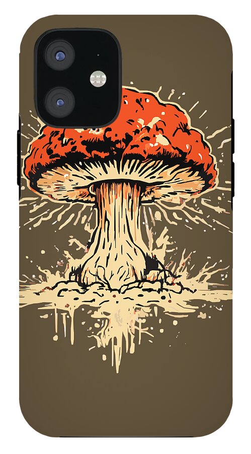 Phone case with orange mushroom explosion graphic, cream lines, and dark camera cutout