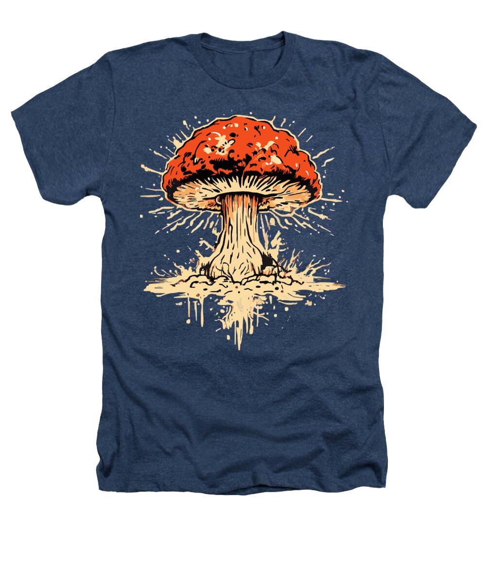 Navy heather t-shirt with orange exploding mushroom graphic, front print