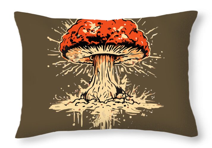 Brown throw pillow with an explosive red-orange mushroom graphic in the center