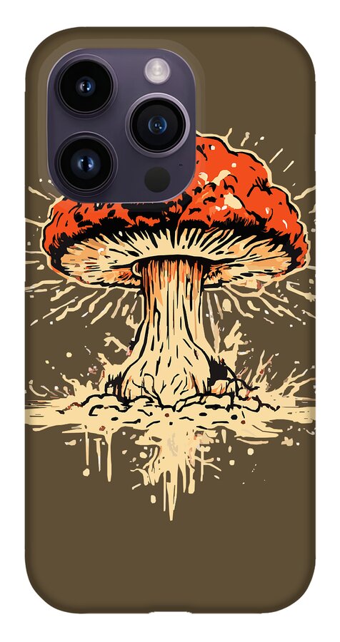 Brown phone case with orange mushroom artwork and three-camera diagonal layout