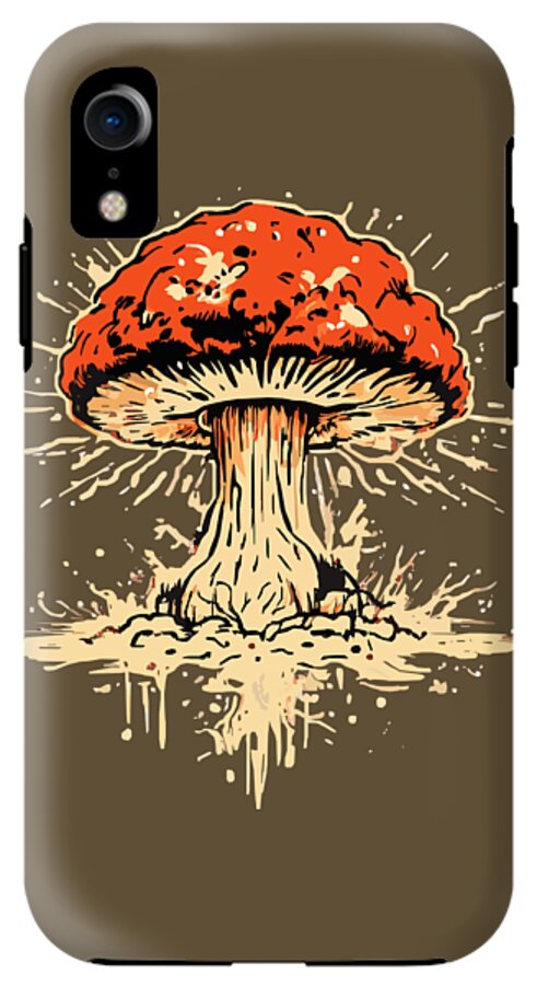 Phone case with orange mushroom graphic and single camera cutout on brown
