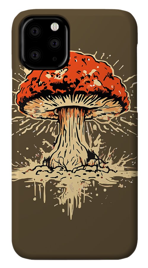 Phone case with orange mushroom explosion graphic, tan background, and dark quad-camera cutout
