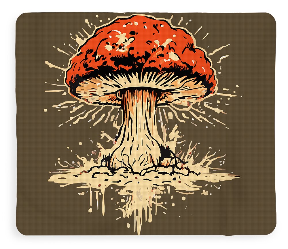 Mushroom blanket featuring red mushroom cap with splatter lines and beige stem on dark brown