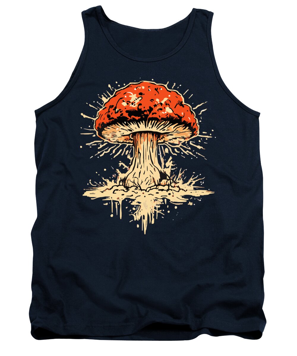 Navy tank top with orange mushroom graphic centered, sleeveless crew neck
