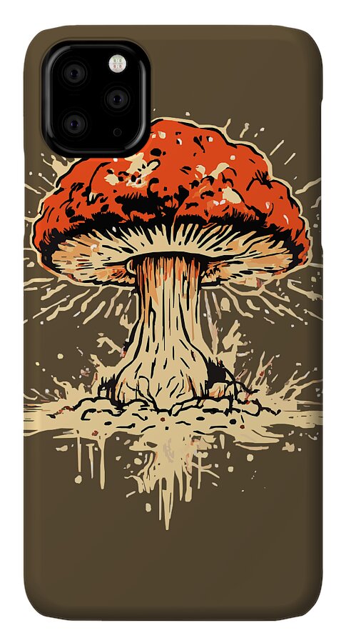 Phone case with orange mushroom explosion graphic, cream drips, and square camera cutout