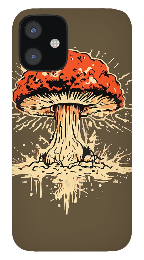 Brown phone case with orange-and-white mushroom graphic and dual rear camera cutouts