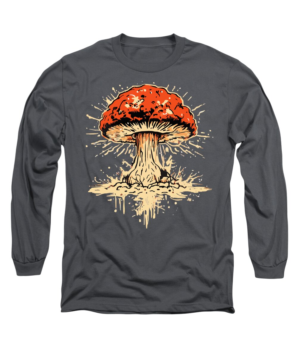 Charcoal long-sleeve T-shirt with orange mushroom graphic on front.