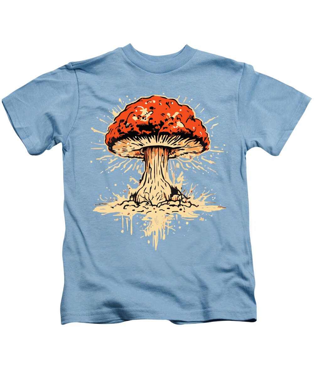 Kids t-shirt in light blue with large orange-red exploding mushroom graphic