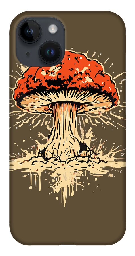 Brown phone case with orange mushroom illustration and three camera lens cutouts
