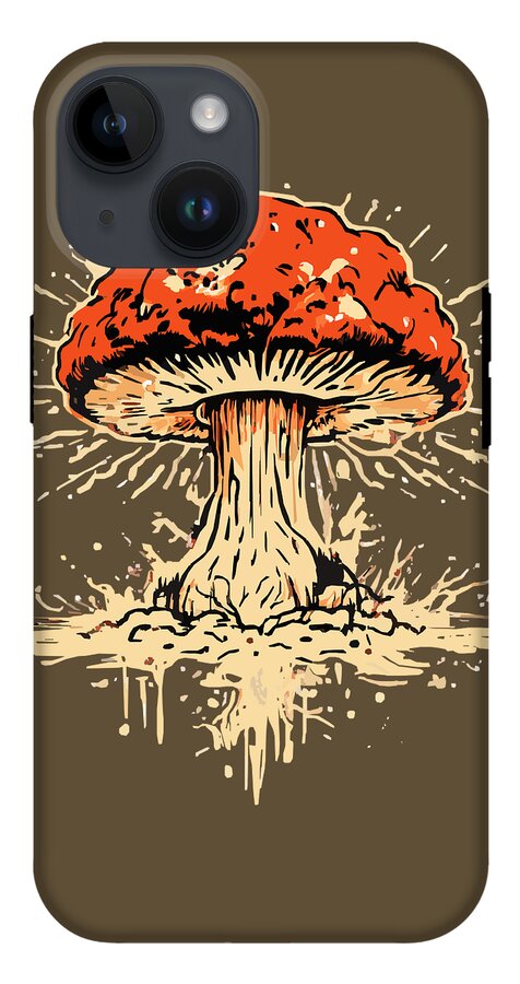 Brown phone case featuring an orange mushroom design with three camera cutouts