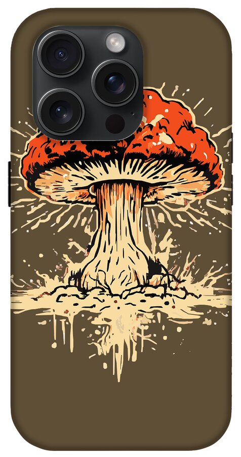 Olive phone case with orange exploding mushroom graphic and four-lens camera cutouts