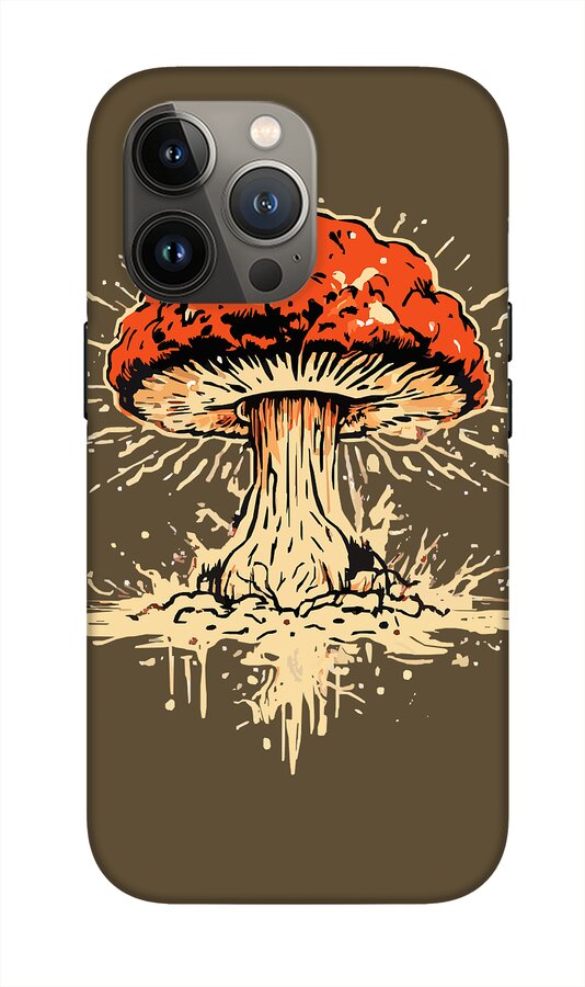 Brown phone case with orange-and-white mushroom graphic and triple-lens camera cutouts