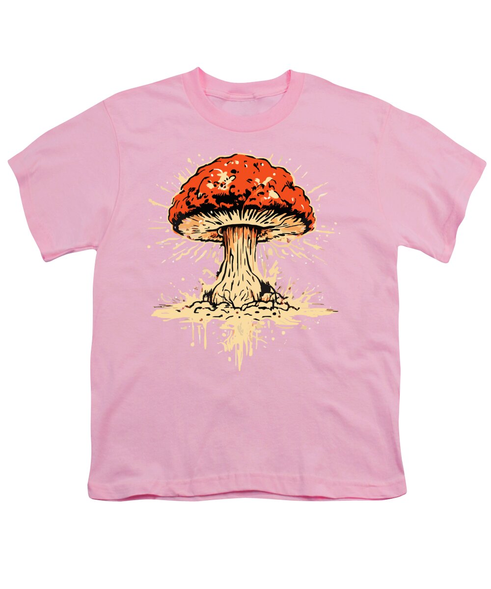 Pink youth T-shirt with exploding mushroom graphic print on front