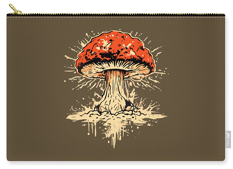 Dark olive zip pouch with top zipper and explosive mushroom artwork centered