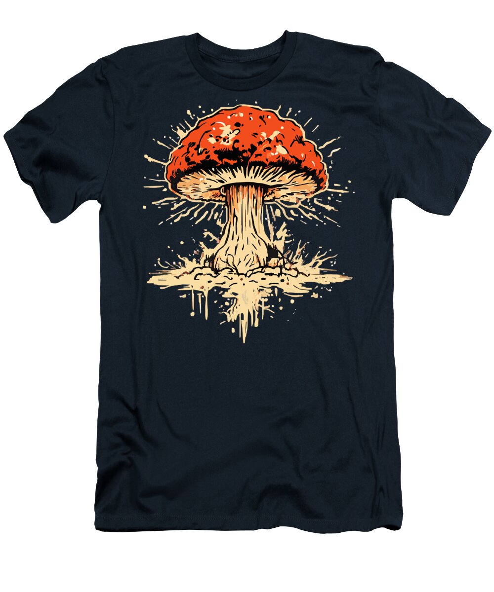 Navy T-shirt with orange and beige mushroom graphic on the front