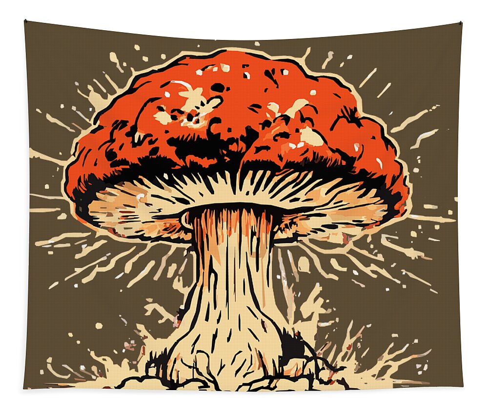 Square wall tapestry featuring an orange mushroom cap over dark ground and cream spore burst