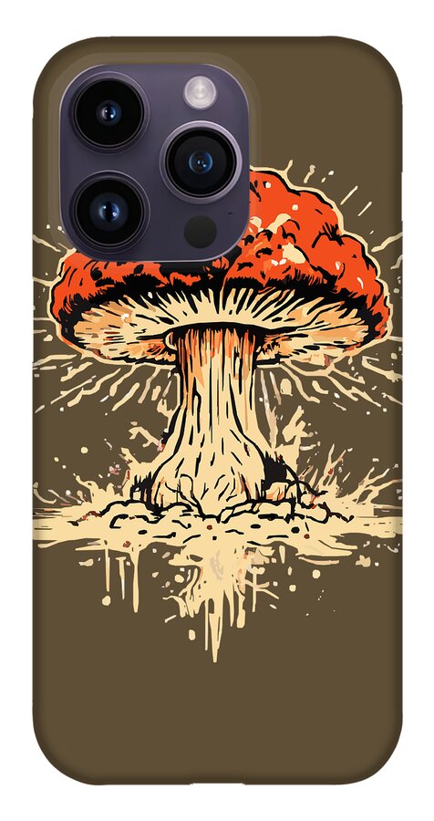 Brown phone case with orange mushroom graphic and three-lens diagonal camera cutouts