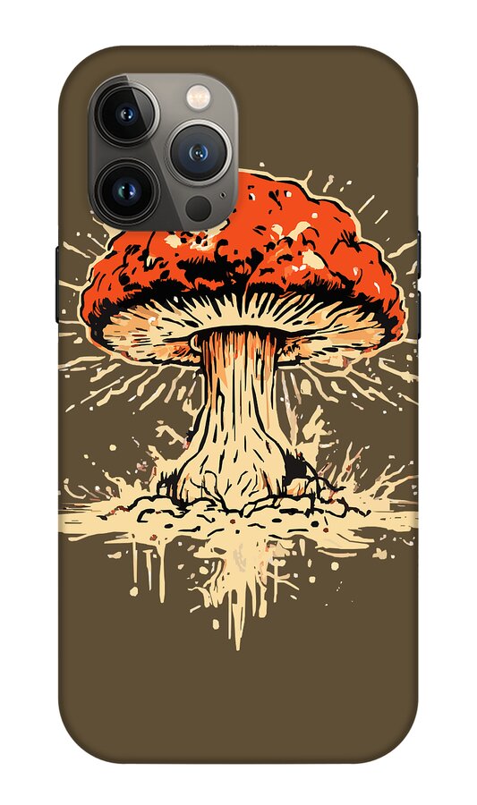 Brown phone case with orange-and-white mushroom graphic and triple-lens camera cluster