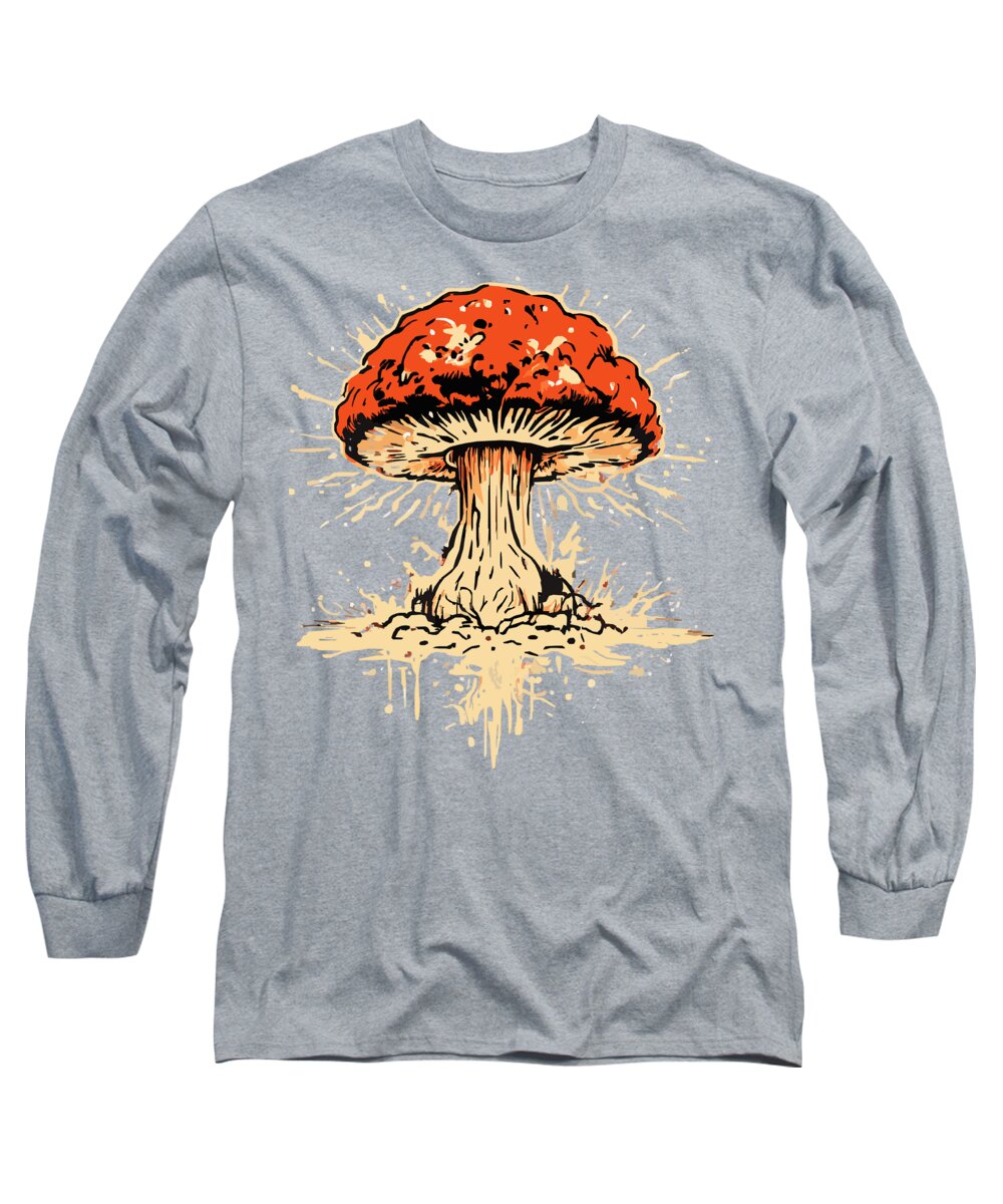 Heather gray long-sleeve T-shirt with orange mushroom graphic on front.