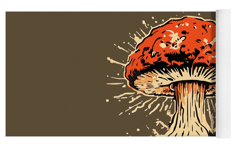 Yoga mat rolled with side edge, explosive orange mushroom design on dark brown