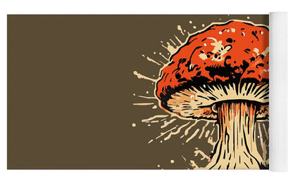 Yoga mat rolled with side edge, explosive orange mushroom design on dark brown