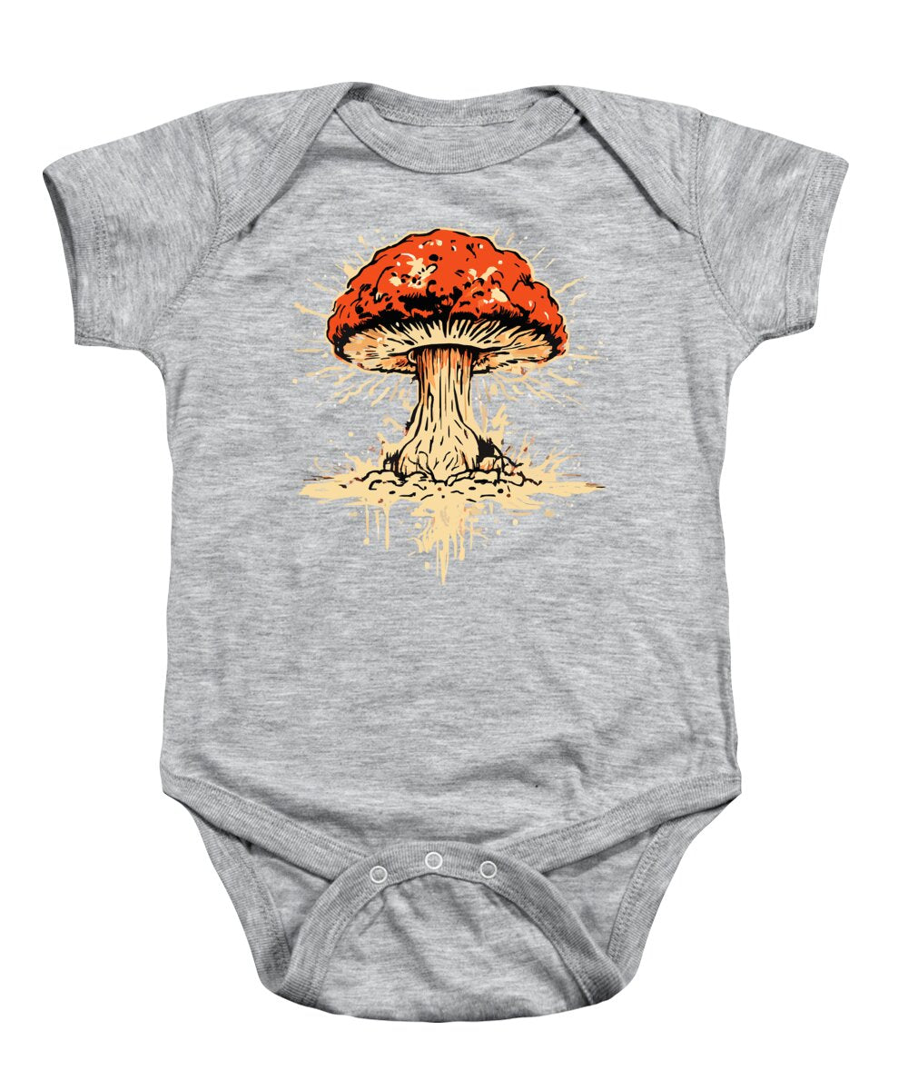 Heather gray baby onesie with short sleeves and explosive mushroom graphic, snap closure.