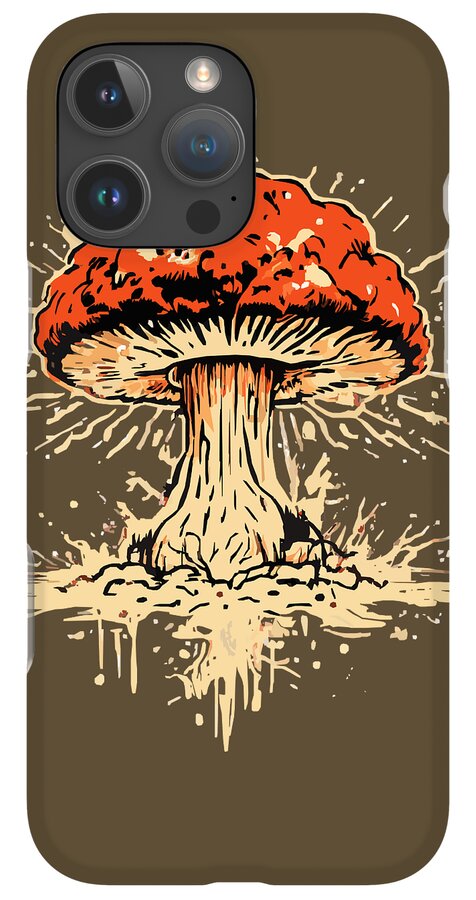 Olive phone case with centered orange exploding mushroom graphic and three-lens camera cutouts