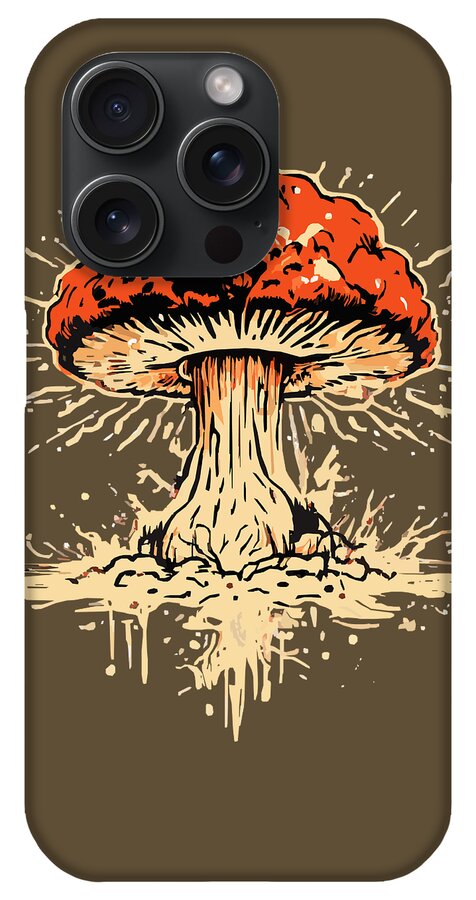 Olive phone case with orange exploding mushroom graphic and four-lens camera cutouts