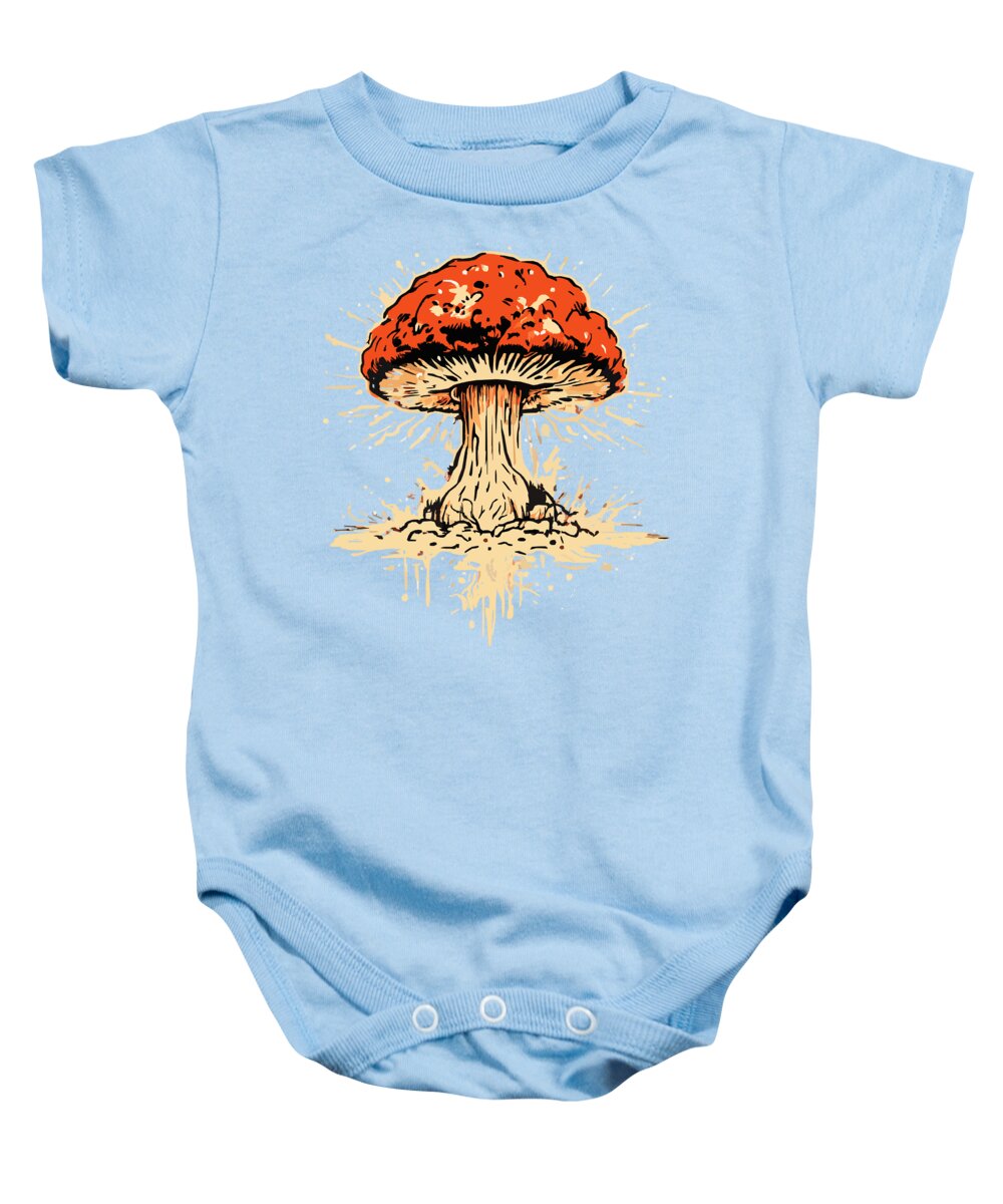 Light blue baby onesie with short sleeves and explosive mushroom graphic, snap closure.