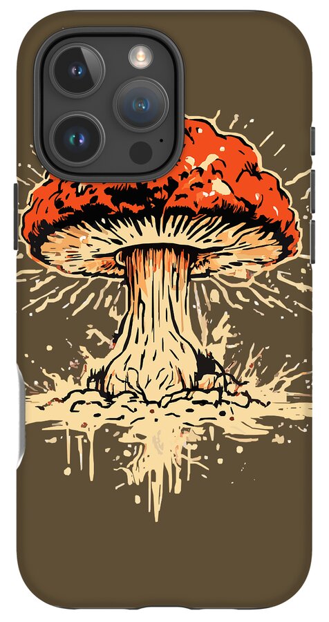Olive phone case featuring an orange exploding mushroom graphic with three-lens camera cutouts