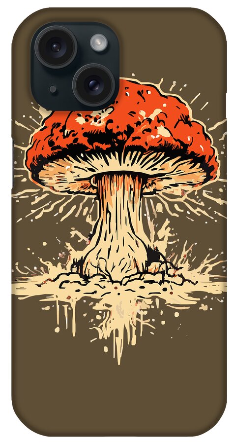 Olive phone case with orange exploding mushroom graphic and three-lens camera cutouts
