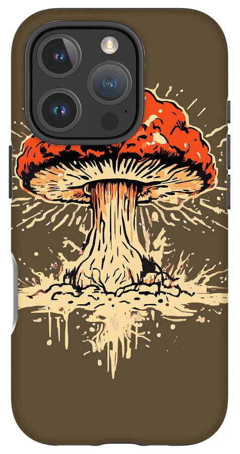 Olive phone case with orange exploding mushroom graphic and three-lens camera cutouts